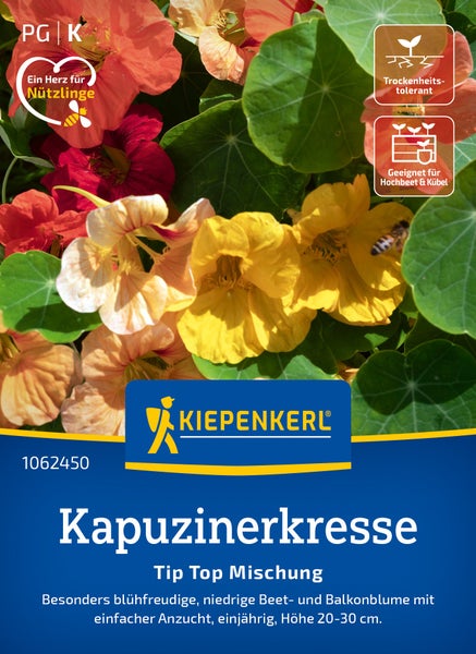 Samen für Kapuzinerkresse Tip Top Mischung von Kiepenkerl, niedrig wachsende Beet- und Balkonblume für Hochbeete, Kübel und zur Insektenförderung.