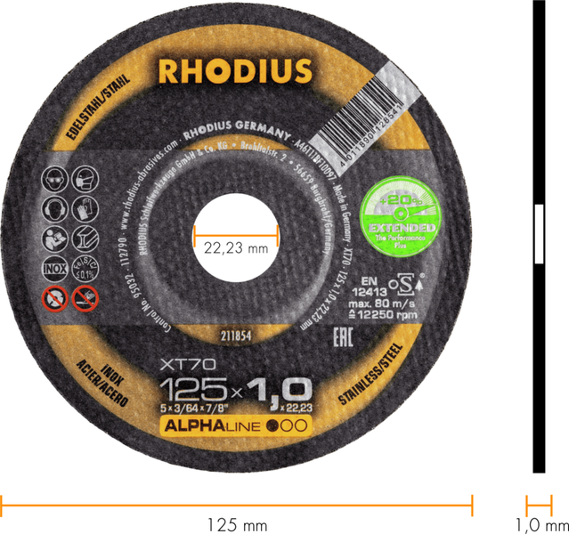 RHODIUS Trennscheibe XT70, 50 Stück, 125 x 1,0 x 22,23 mm für Edelstahl, Stahl, Metall, ALPHAline