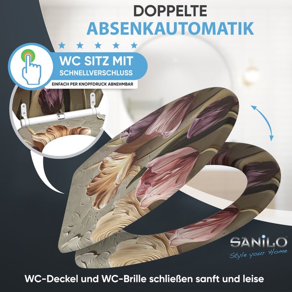 Sanilo WC Sitz mit Blumen Motiv und Absenkautomatik sowie Schnellverschluss zum leichten Abnehmen per Knopfdruck.