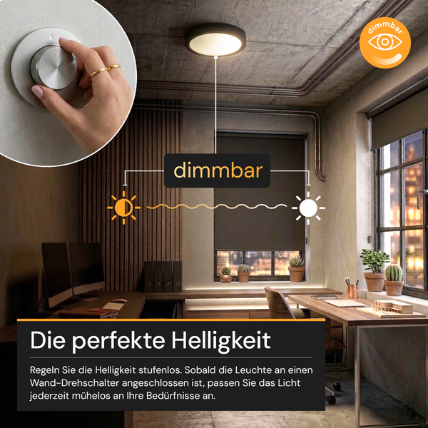 Dimmbare Deckenleuchte in einem modernen Arbeitszimmer mit Schreibtisch und Fenster sowie Nahaufnahme eines Wand-Drehdimmers.