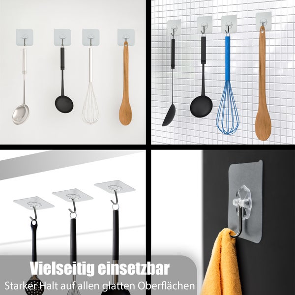 Viererbild von Küchenutensilien an transparenten Klebehaken an Wand und Fliesen befestigt, vielseitig einsetzbar