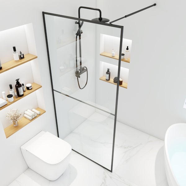 Home Deluxe - Duschabtrennung - BAKI - Breite: 150 cm, Schwarzer Rahmen, Klarglas, 2 Raster Optik - 10 mm ESG - Sicherheitsglas I Walk in Dusche, Duschwand, Duschtür