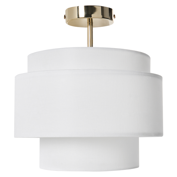 Deckenleuchte mit dreistufigem Textilschirm in Weiß und runder Befestigung in Goldoptik.
