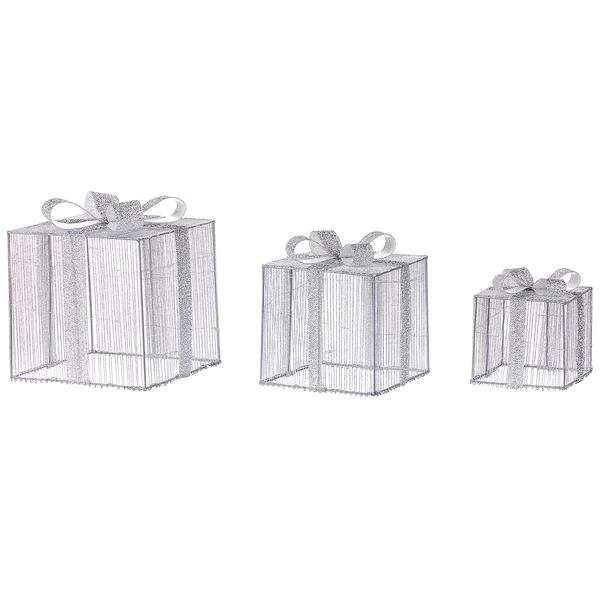 Dreiteiliges Set dekorative LED-Geschenkboxen aus Drahtgeflecht mit Glitzer und Schleifen.