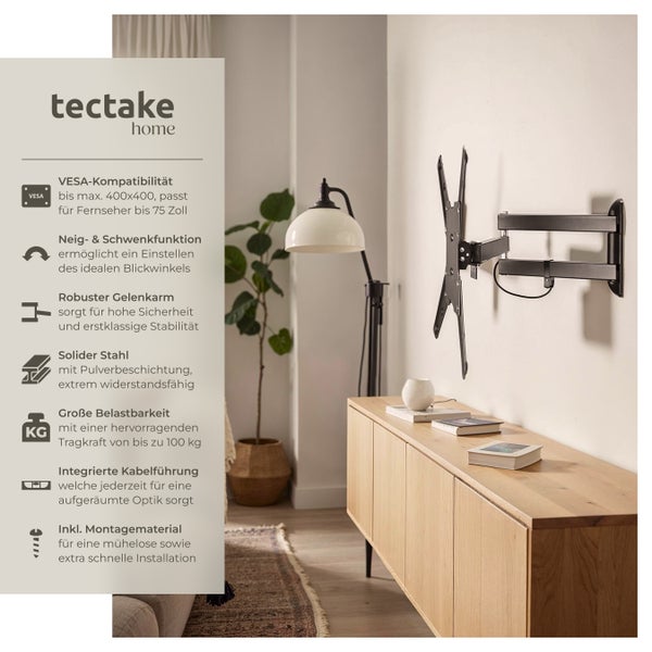 Tectake Home TV Wandhalterung für Fernseher bis 75 Zoll, VESA Kompatibilität bis maximal 400x400