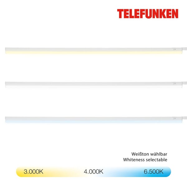 Telefunken LED Unterbauleuchte mit wählbarer Lichttemperatur von 3000 Kelvin bis 6500 Kelvin. Telefunken Logo.