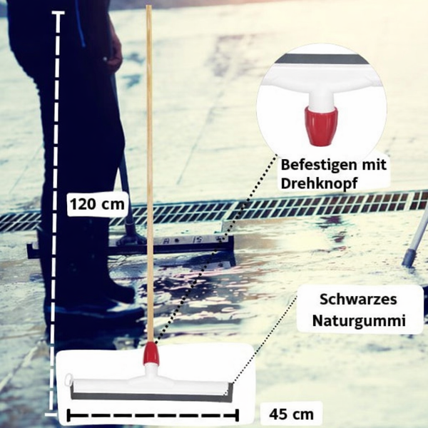 Bodenabzieher mit Holzstiel, 120 cm hoch und 45 cm breit, mit schwarzem Naturgummi und Drehknopf zur Befestigung