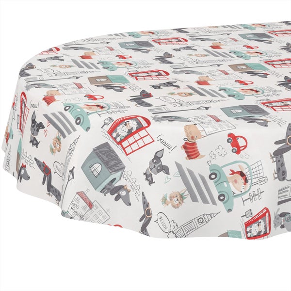 Ovale Tischdecke mit verspieltem Hunde- und Stadtmotiv, inklusive Telefonzellen, Autos und Häusern.