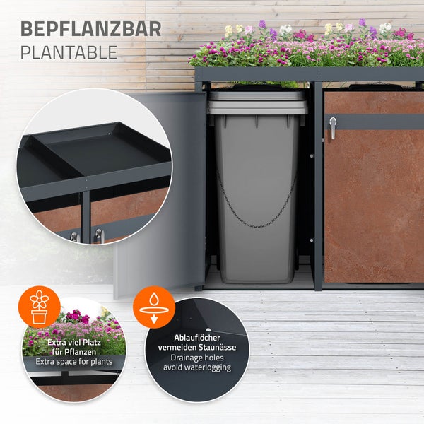 ML-Design Mülltonnenbox 2er mit Pflanzdach für 2 Tonnen, 240L 132x80x124 cm, Rost-Optik, Stahl, wetterfest, Abschließbare Mülltonnenverkleidung mit Tür, Müllbox Mülltonnecontainer Mülltonnenabdeckung