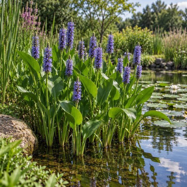 Hechtkraut mit violetten Blütenähren am Rand eines Gartenteichs.