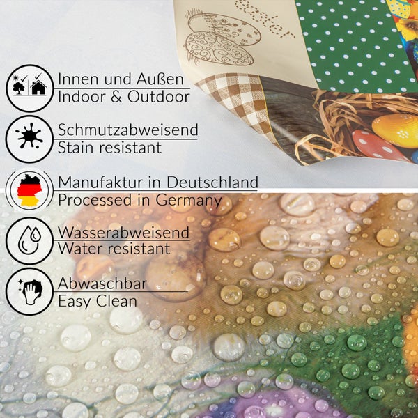 Symbole und Siegel für die Eigenschaften einer Tischdecke: geeignet für Innen- und Außenbereiche, schmutzabweisend, hergestellt in Deutschland, wasserabweisend, leicht zu reinigen