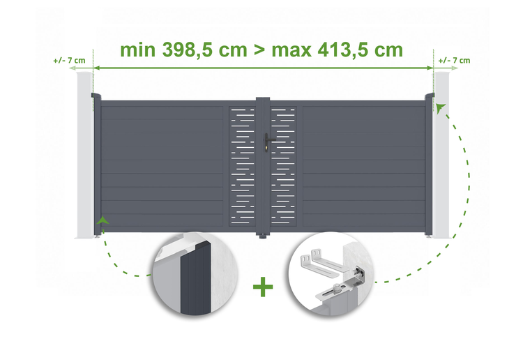 Illustration eines Gartentors mit Breitenangaben von minimal 398,5 Zentimeter bis maximal 413,5 Zentimeter