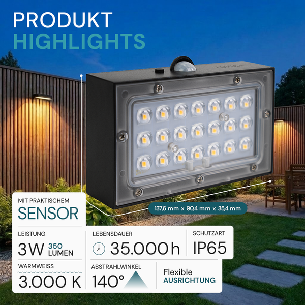 LED-Außenwandleuchte mit Sensor, 3 Watt, 350 Lumen, warmweißes Licht 3000 Kelvin, IP65, 140 Grad Abstrahlwinkel, Lebensdauer 35000 Stunden.