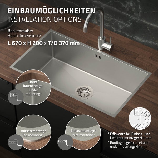 ML-Design XXL Spülbecken Edelstahl 70x40 cm, Küchenspüle Rechteckig, 1 Becken, Einbauspüle Unterbauspüle, Edelstahlspüle mit Ab- und Überlaufgarnitur, Einzelbecken mit Siphon, Waschbecken Küche Spüle