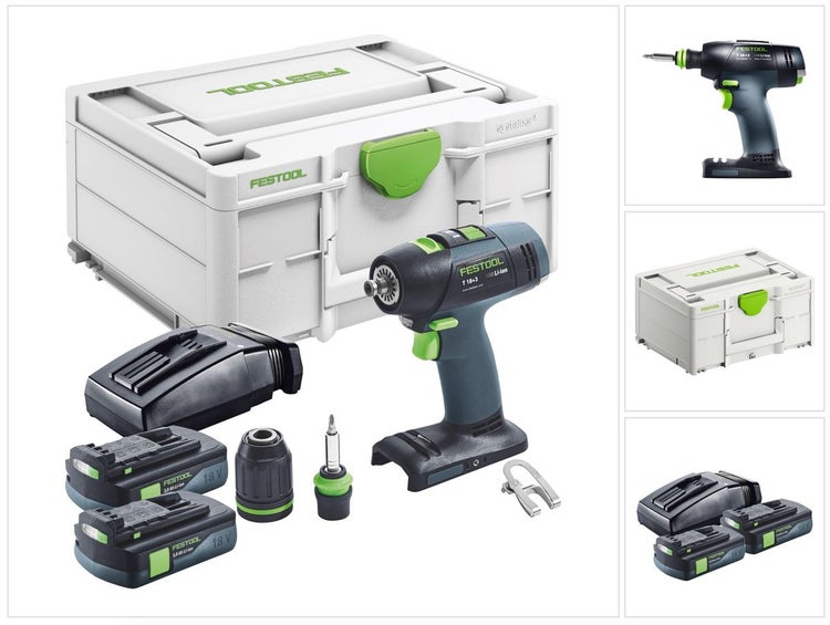 Festool T 18+3 Basic Akku Bohrschrauber 18 V 50 Nm Brushless + 2x Akku 3,0 Ah + Ladegerät + Systainer