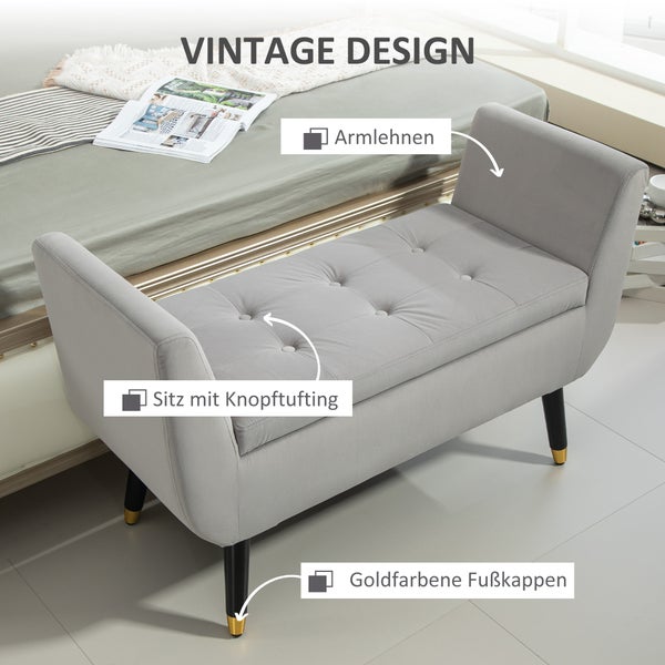 HOMCOM Sitzbank mit Stauraum Armlehnen Polsterbank mit Samtoptik, Sitztruhe mit Holzbeine, Truhenbank für Wohnzimmer Schlafzimmer Flur 107 x 42 x 65 cm, Hellgrau