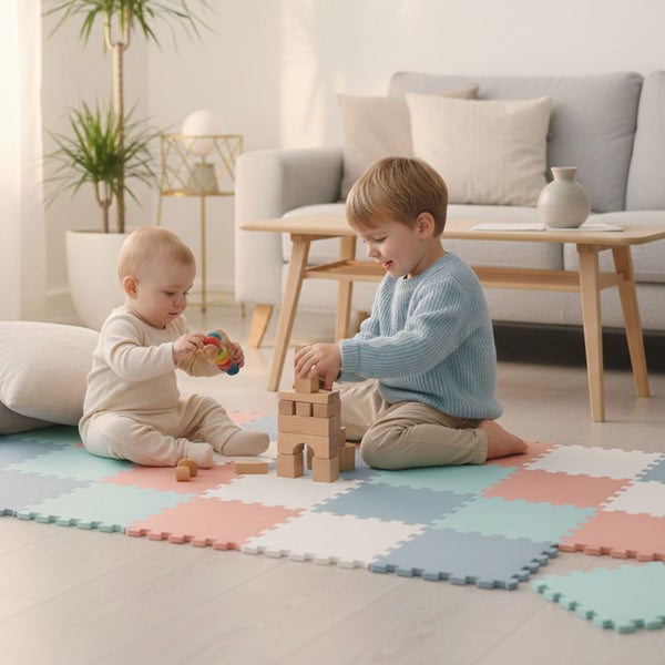 Kinder beim Spielen mit Holzbausteinen auf einer bunten Schaumstoff-Puzzlematte in einem hellen Wohnzimmer.
