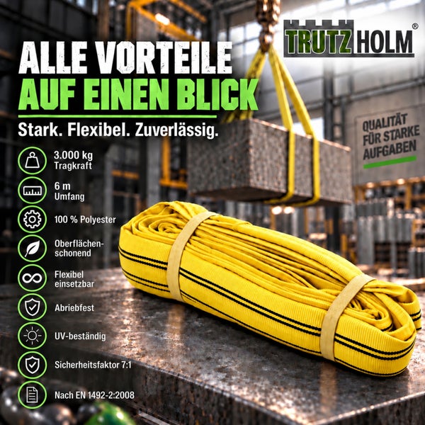 Hebeband von Trutzholm mit 3000 Kilogramm Tragkraft und 6 Meter Umfang aus Polyester, abriebfest und UV beständig, nach Norm EN 1492-2:2008.