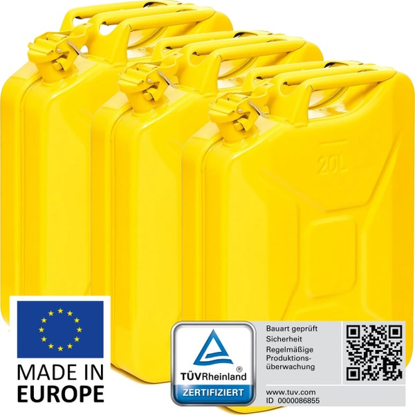 Gelbe Kraftstoffkanister, 20 Liter, mit 'Made in Europe' und TÜV Rheinland Zertifizierung