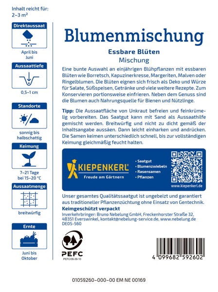 Saatgut für eine Blumenmischung mit essbaren Blüten von Kiepenkerl zur Aussaat von April bis Juni.