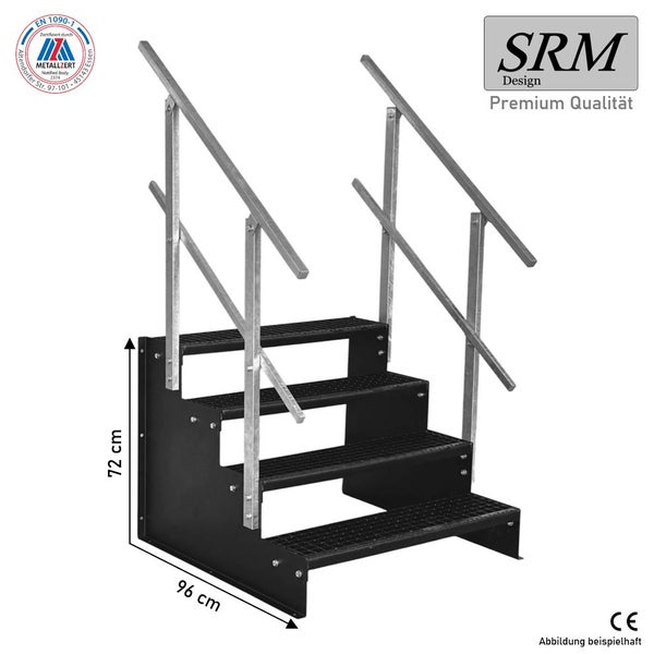 Stahltreppe mit 4 Gitterroststufen, beidseitigem Geländer, Höhe 72 Zentimeter, Tiefe 96 Zentimeter, SRM Design Logo, CE-Kennzeichnung.