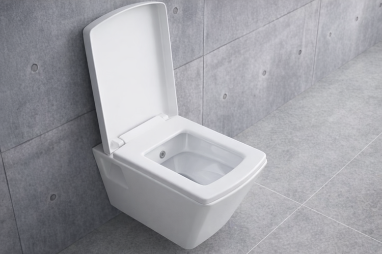 Modernes wandhängendes WC aus weißer Keramik mit geöffnetem Deckel in einem Badezimmer mit Fliesen in Betonoptik.