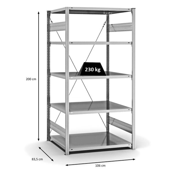 PROREGAL Fachbodenregal Stecksystem T-Profil Medium-Duty Grundregal HxBxT 200 x 100 x 80 cm 5 Ebenen Fachlast 230 kg Einseitig Nutzbar Verzinkt