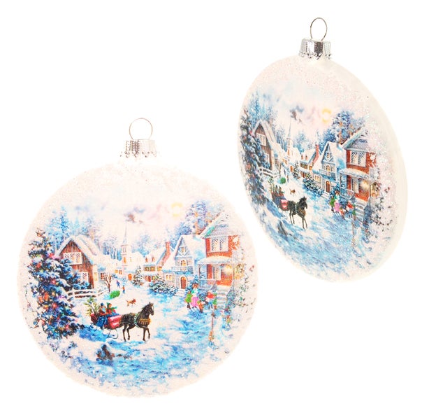 Taler aus Glas 9cm, unversilbert, bedruckt und dekoriert mit einer Szene vom verschneiten Dorf, mundgeblasen, handdekoriert, 1 Stck., Weihnachtsbaumkugeln, Christbaumschmuck, Weihnachtsbaumanhänger