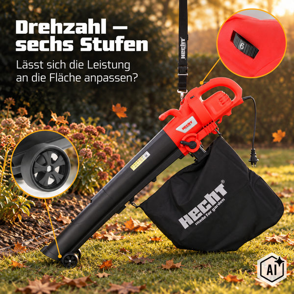 Hecht Laubsauger mit sechsstufiger Drehzahlregelung und Auffangsack, inklusive Tragegurt und Führungsrollen für Gartenarbeiten.