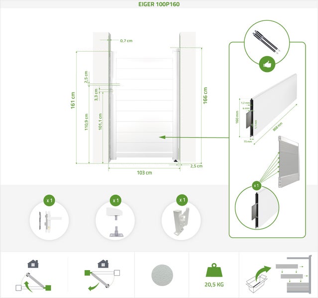 Technische Zeichnung eines weißen Gartentors Modell EIGER 100P160 mit Maßen 103 mal 161 Zentimeter, inklusive Zubehör, Gewicht 20,5 Kilogramm.