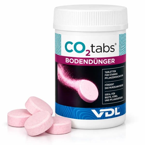 Eine Dose CO2 Tabs Bodendünger von VDL zur Förderung des Pflanzenwachstums mit mehreren Tabletten im Vordergrund.