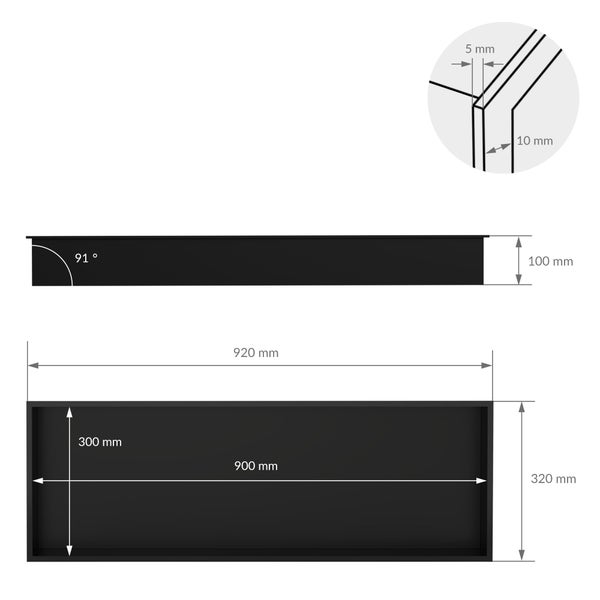 Technische Zeichnung einer schwarzen Wandnische mit Außenmaßen 920 mal 320 Millimeter, Tiefe 100 Millimeter und einem Innenwinkel von 91 Grad.