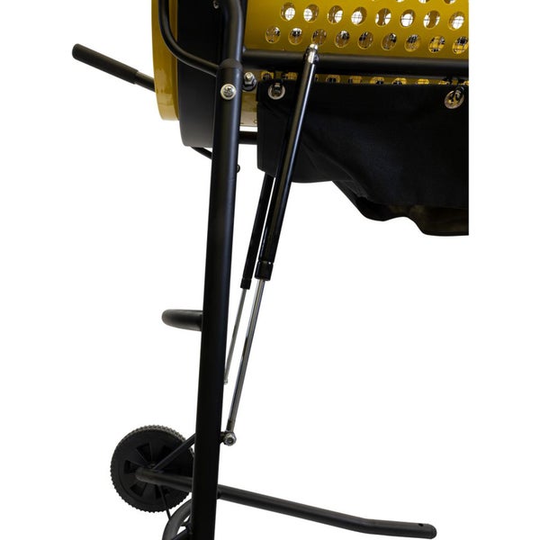 Detailansicht eines Komposttrommel-Komposters mit schwarzem Metallgestell und gelber Trommel