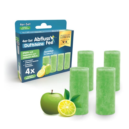 Abfluss Fee Duftsteine Apfel-Zitrone Nachfüllset, 4 grüne Duftsteine für einen sauberen Abfluss und weniger Gerüche.