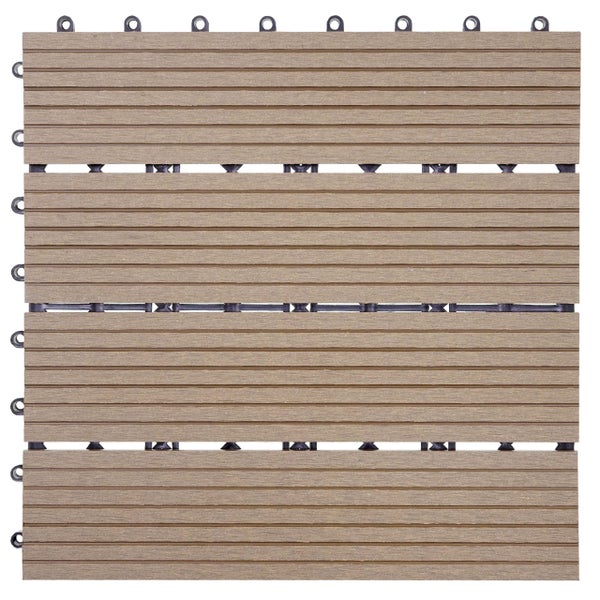 Klickfliese aus Holz-Kunststoff-Verbundwerkstoff für Terrasse und Balkon mit geriffelter Holzoptik und Kunststoff-Stecksystem.