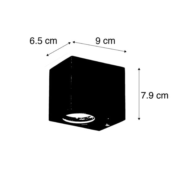 Schwarzer Aufbaustrahler mit Maßangaben: Breite 9 Zentimeter, Tiefe 6,5 Zentimeter und Höhe 7,9 Zentimeter.