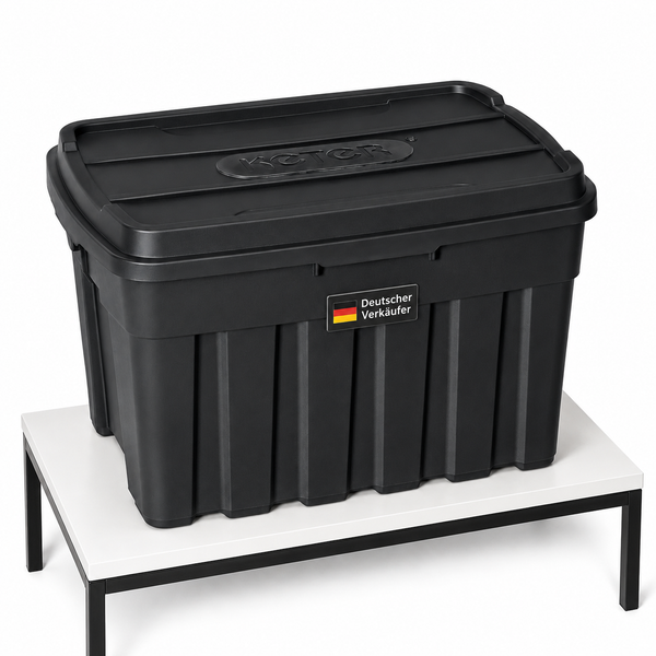 Keter Aufbewahrungsbox aus Kunststoff mit Deckel, gerippten Wänden, Keter Logo und Kennzeichnung als deutscher Verkäufer.