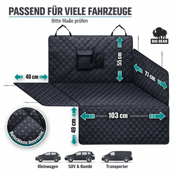 Hundeschutzdecke für das Auto mit rutschfester Unterseite und Maßen inklusive Taschen und Befestigungselementen für verschiedene Fahrzeugtypen.