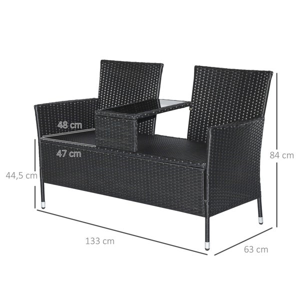 Outsunny Polyrattan Gartenbank, Gartensofa, 2-Sitzer, B133 x T63 x H84cm, Stahl, Schwarz