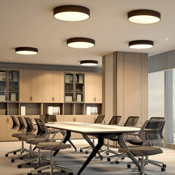 Moderne schwarze LED-Deckenleuchten in einem hellen Büro mit großem Besprechungstisch, ergonomischen Netzstühlen und hellen Holzschränken.