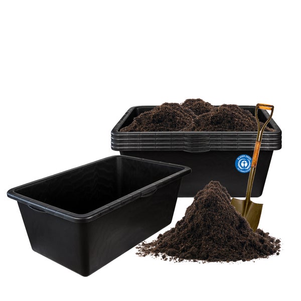 Abbildung einer schwarzen Mörtelwanne mit dem Blauer Engel Siegel, Hinweis auf recyceltes Material und Made in Germany sowie Big Dean Logo.