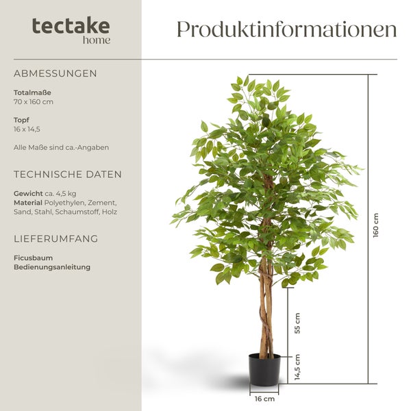 Künstlicher Ficusbaum tectake Fida stabiler Kunststoff-Blumentopf verschiedene Größen grün