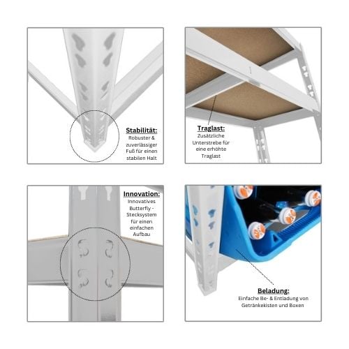 PROREGAL Getränkekistenregal Bodensee HxBxT 180 x 100 x 30 cm  6 Kisten und 3 Boards Weiß Kistenregal Getränkeregal