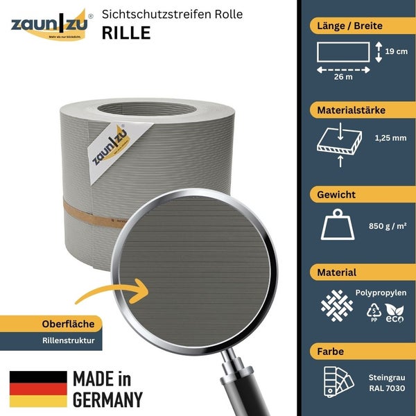 Zaun zu Sichtschutzstreifen Rolle Rille aus Polypropylen, 26 Meter lang und 19 cm breit