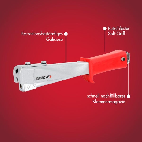 Arrow Hammertacker mit korrosionsbeständigem Gehäuse, rutschfestem Soft-Griff und schnell nachfüllbarem Klammermagazin.