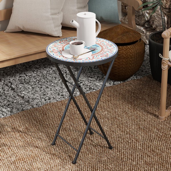 Outsunny Beistelltisch klappbar Gartentisch mit Mosaik-Design, Ø35,5 x 55 cm Rund wetterfest Balkontisch aus Metall, Campingtisch Klapptisch Kaffeetisch für Wohnzimmer Büro Outdoor Indoor, Mehrfarbig