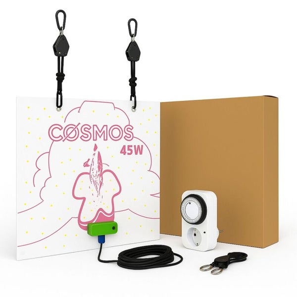 LED-Pflanzenlampe Cosmos 45 Watt Set mit Zeitschaltuhr, Aufhängung und Kabel vor einer Kartonverpackung.