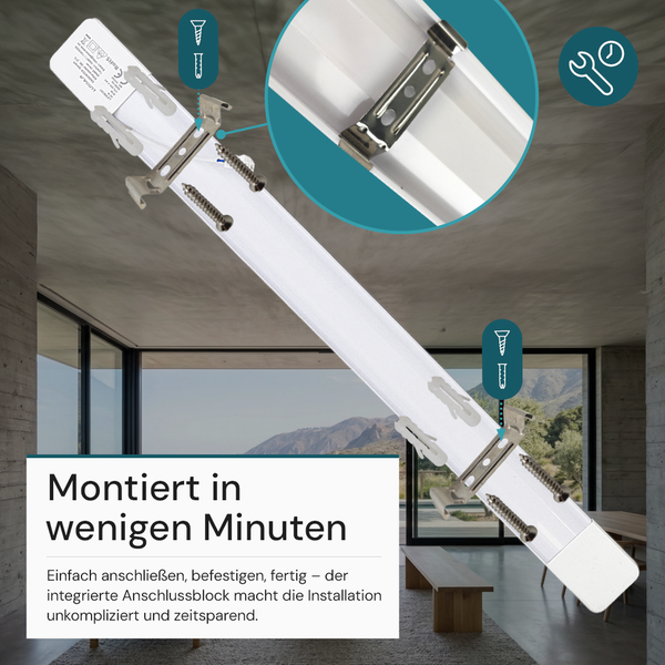 Schlanke LED-Lichtleiste mit Montageclips und Schrauben für eine schnelle Deckenmontage und integriertem Anschlussblock.