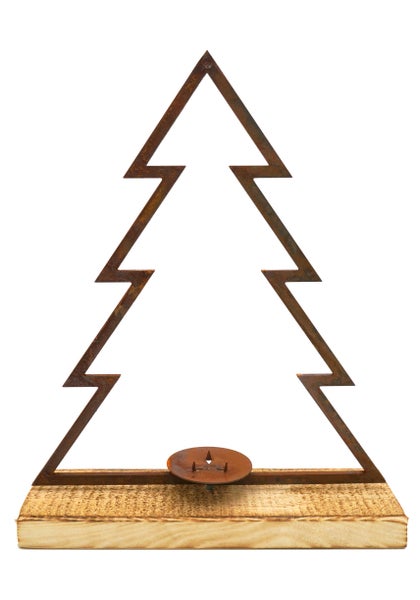 Weihnachtsbaum Kerzenhalter aus Metall in Rostoptik auf Holzsockel