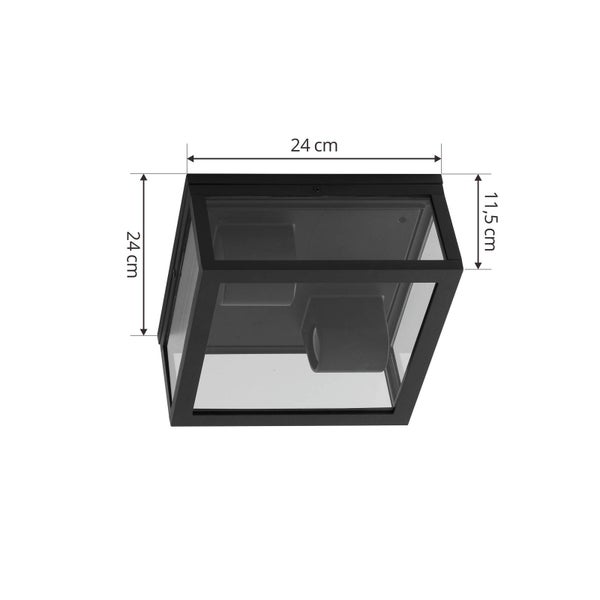 Schwarze quadratische Außenleuchte mit Glasfenstern und Maßangaben: Breite 24 Zentimeter, Höhe 24 Zentimeter und Tiefe 11,5 Zentimeter.